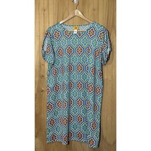 Ruby Rd Women’s Large Dress Orange Blue White Short Sleeve Pullover